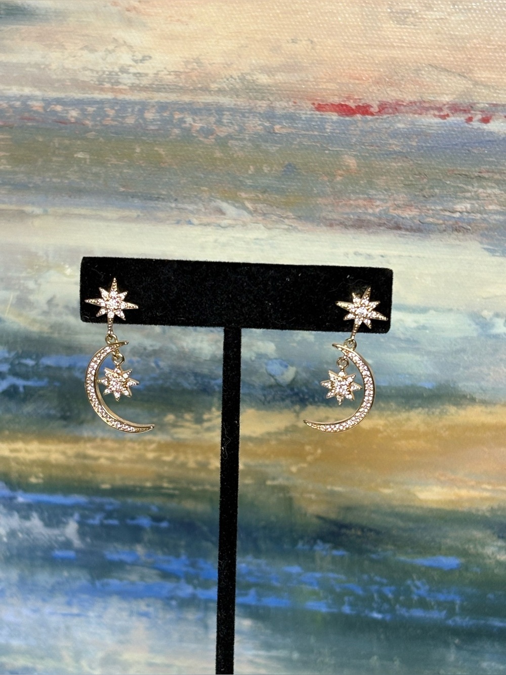 Crystal Moon & Star Drop Earrings - Gold Tone